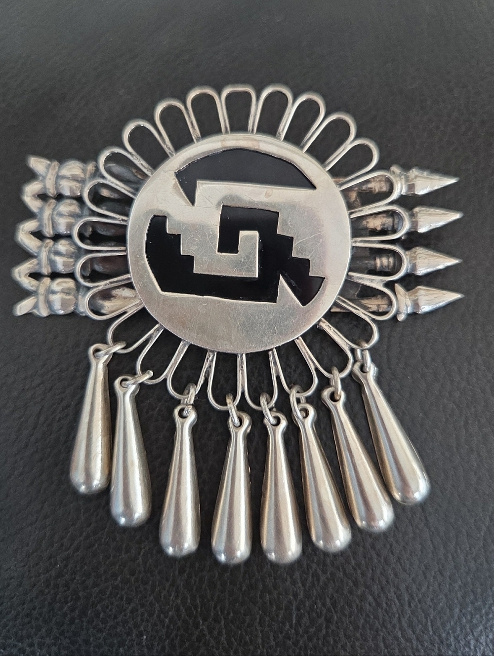 Vintage Aztec Mexican Silver and Onyx Brooch